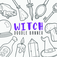 Witch Doodle Banner Icon. Halloween Magic Vector Illustration Hand Drawn Art. Line Symbols Sketch Background.