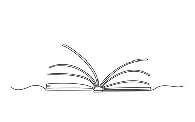 Open book with pages, continuous one line drawing. Library, education supplies, back to school. Vector outline illustration
