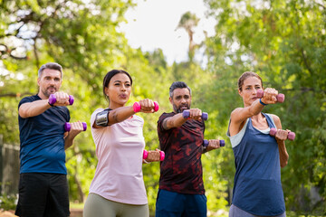 Multiethnic mature people exercising in park with dumbbells at park