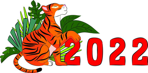 Tiger sitting, wild animal illustration, big tabby cat, sticker for children, cartoon predator, drawn tiger cub, closed galaza, animal from the zoo, cute children's picture, safari fauna, green tropic