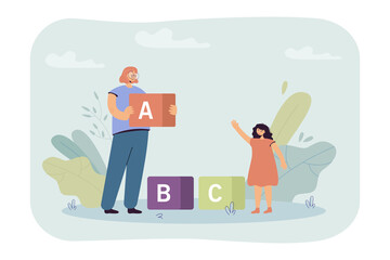 Woman and little girl putting together giant toy blocks. Flat vector illustration. Mom and daughter studying alphabet together, playing bricks. Alphabet, learning, child education, family concept