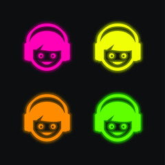 Boy With Headphones four color glowing neon vector icon