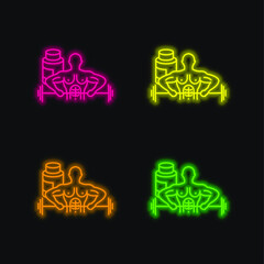 Bodybuilder Carrying Dumbbell four color glowing neon vector icon