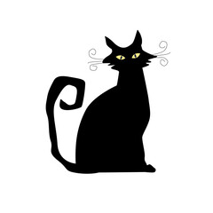Silhouette of Black Cartoon Cat with yellow eyes. Vector illustration of pet on white isolated background. Design for Halloween
