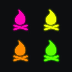 Bonfire four color glowing neon vector icon