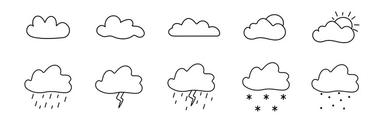 Sketch doodle clouds for concept design. Vector art illustration. Weather element. Summer style. Sun icon set. Cloudy sky.