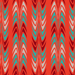 Abstract curved elements in blue, beige and red on a light red background. Ethnic motif in African style. Seamless pattern. For textiles, tiles, wallpapers and backgrounds.