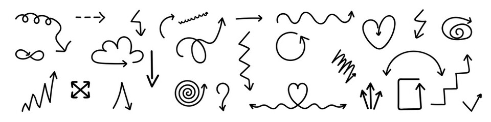 Drawing doodle arrows set isolated vector illustration. Simple design. Line arrow collection. Business concept. Hand drawn sketch.