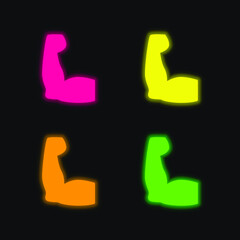 Biceps four color glowing neon vector icon