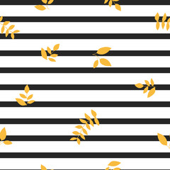 Cute, trendy and modern striped background with delicate leaves silhouette on top. Bright and classic colour combination of black, yellow and white. Perfect for fabric, wallpapers or wrapping papers. 