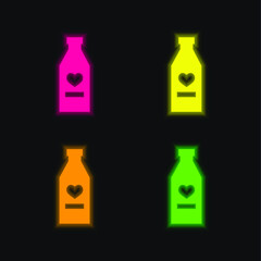 Bottle Of Wine With Heart four color glowing neon vector icon