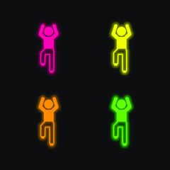 Boy Flexing Arms And One Leg four color glowing neon vector icon