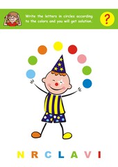 Carnival, worksheet. Write the letters in circles according to the colors and you will get a solution. Vector illustration.