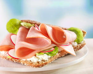 Hinterschinken auf Brot mit Salatdeko auf weissem Teller