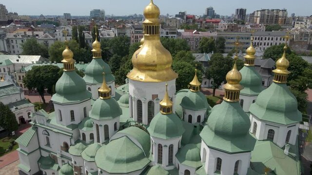 Sophia Cathedral, pl. Kiev Kiev Ukraine with landmarks. Aerial drone footage. Panorama of the city. Summer. City center