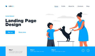Kid visiting veterinary office with cat. Trauma, treatment, pet examination. Flat vector illustration. Domestic animals care, first medical aid concept for banner, website design or landing web page