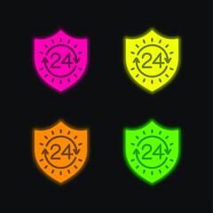 24 Hours four color glowing neon vector icon
