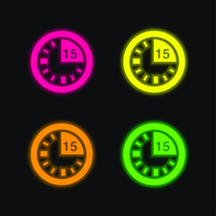 15 Minute Mark On Clock four color glowing neon vector icon