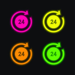 24 Hours four color glowing neon vector icon