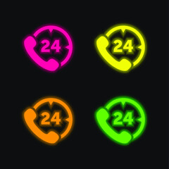 24 Hours Phone Service four color glowing neon vector icon