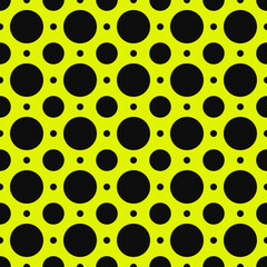 Yellow background and polka dot black. Vector large, medium and small dots. Seamless sample of wallpaper.