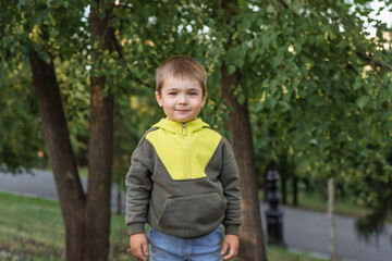 portrait of a small child, a boy of 3 years old, against the background of a park. beautiful caucasian blonde child on the background of trees