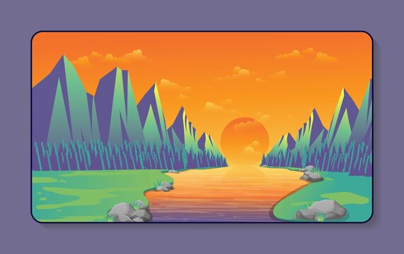 Sunset scene landscape illustration.Landing page design  used for Web UI design and branding.