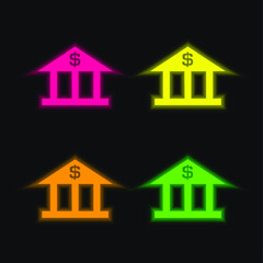 Bank With Dollar Sign four color glowing neon vector icon