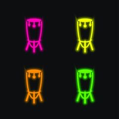African Tall Drum With Stand four color glowing neon vector icon