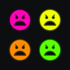 Angry Face four color glowing neon vector icon