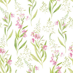 Fototapeta na wymiar Wildflowers. Watercolor seamless pattern. Suitable for fabrics, textiles, backgrounds.