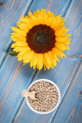 Sunflower seeds and beautiful flower on old background