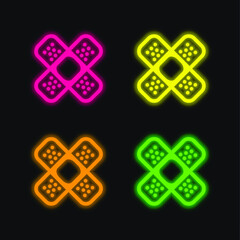 Band Aids Cross four color glowing neon vector icon