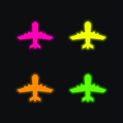 Airplane Upward four color glowing neon vector icon