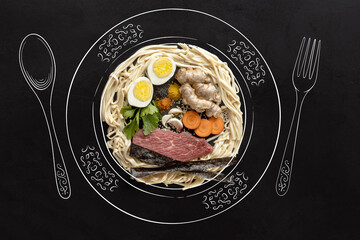 Japanese traditional cuisine. Set of ingredients for ramen. Eggs, noodle, meat and ginger. Artwork. Drawn in chalk.