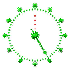 Coronavirus lockdown concept: clock face with coronavirus symbols.