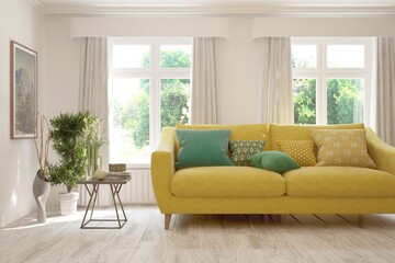 Stylish room in white color with sofa and summer landscape in window. Scandinavian interior design. 3D illustration