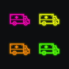 Ambulance four color glowing neon vector icon