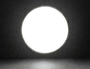 Bright white light shines from background circle door in dark room. Dream, success, opportunity....