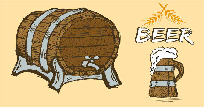 Hand drawen barrel of beer and glass. Craft beer calligraphy design and minimal vector illustration of different type of beers. Oktoberfest equipment. Restaurant illustration