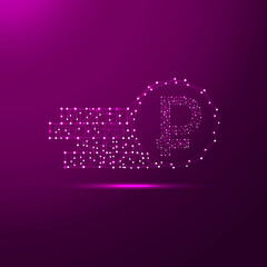 Ruble coin in low poly style consisting of points, lines, and shapes in the form of planets, stars and the universe.