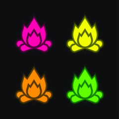 Bonfire four color glowing neon vector icon