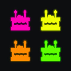 Birthday Cake four color glowing neon vector icon