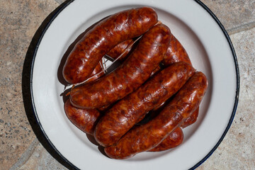 Dish with handmade red chorizo sausage typical food from spain