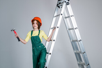 child architect worker. engineer use hammer. laborer kid wear safety hardhat. labor day