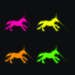 Fototapeta premium Black Running Horse four color glowing neon vector icon