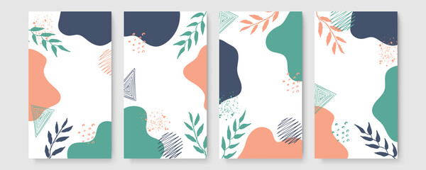 Universal floral organic boho scandinavian cards. Set of abstract creative universal artistic templates. Good for poster, invitation, flyer, cover, banner, placard, brochure and other graphic design.