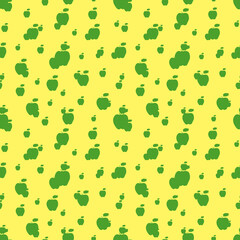 Random green silhouette apples seamless pattern.Simple garden fruits ornament on yellow background.