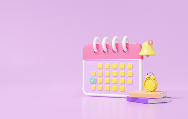 Notification bell Calendar icon symbol marked schedule. minimal cartoon style design. Day month year, education, learning concept. on purple background, banner, 3D render illustration