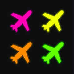 Airplane Black Shape Ascending Rotated To Right four color glowing neon vector icon